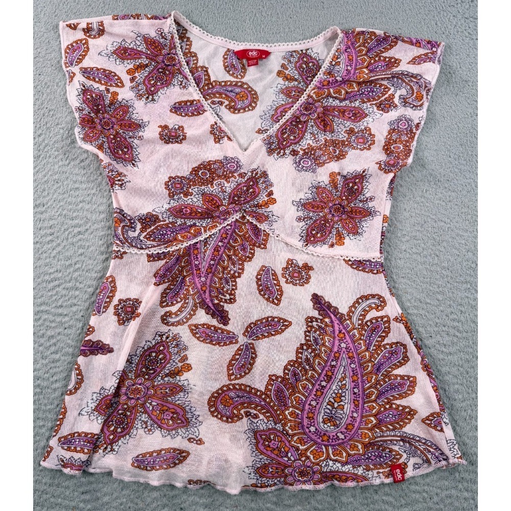 Vintage EDC Esprit Babydoll Top Women Medium Pink Floral Paisely Ribbed Lace Y2K